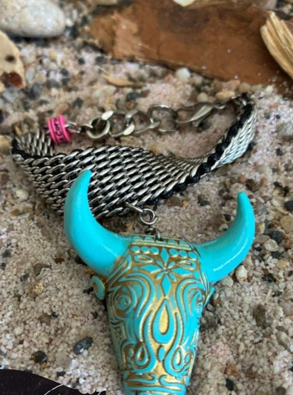 Santa Corona Pulsera Entretejido Metalico y Toro Turquesa